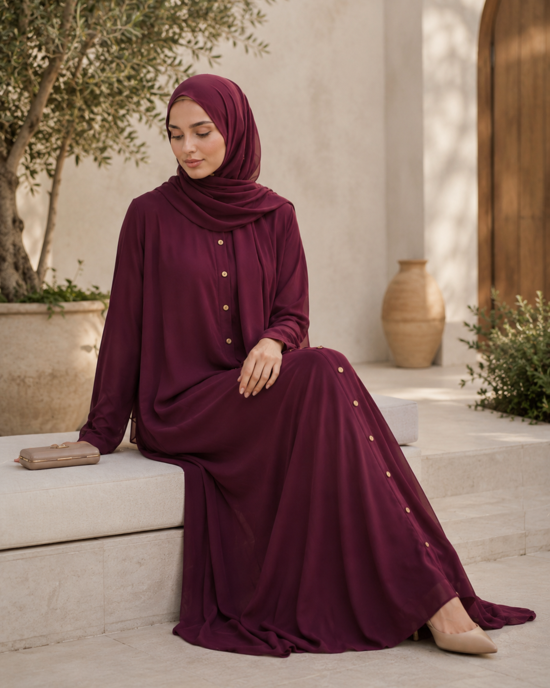 The Burgundy Front-Open Abaya